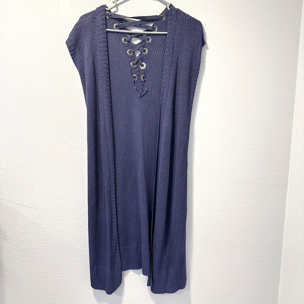 CHICO'S Size-1(M)1 Lace Back Maureen Sweater Sleeveless Cardigan Blue Sparkle